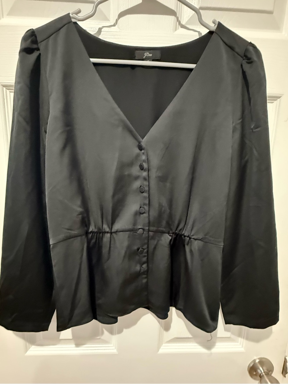 J. Crew Black Satin V-Neck Button-Front Peplum Top